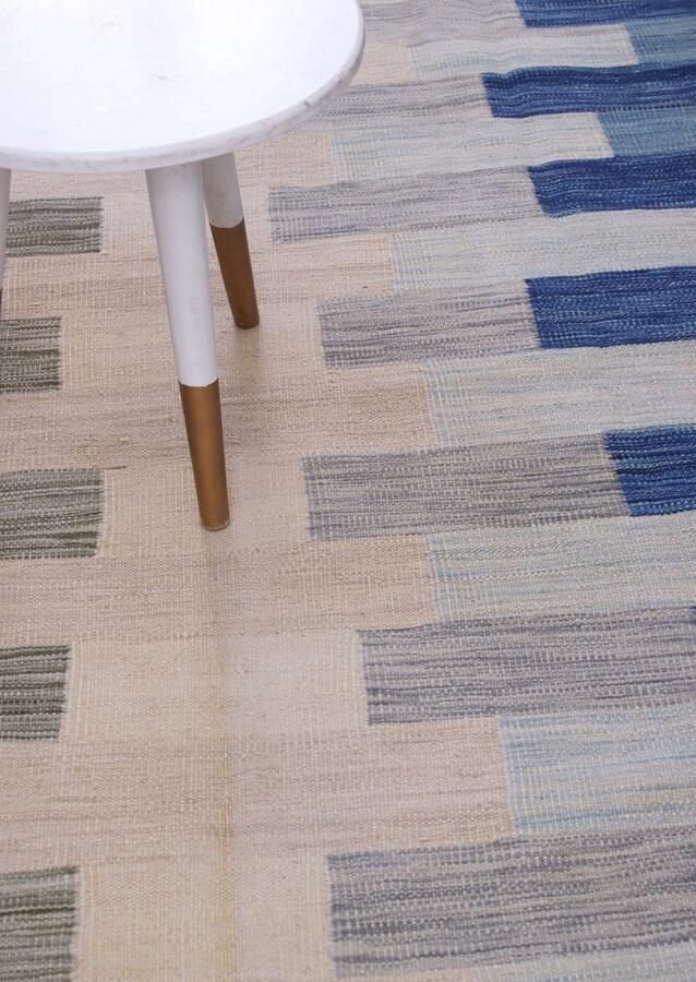 Koho Carpets Blauw Tapijt Laagpolig Handgeweven Wollen Vloerkleed Koho Afghan Modern Kelim 193x154 193x154cm- Modern Woonkamer Salon Slaapkamer Eetkamer
