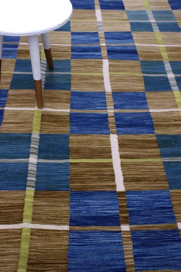 Koho Carpets Blauw Tapijt Laagpolig Handgeweven Wollen Vloerkleed Koho Afghan Modern Kelim 298x198 298x198cm- Modern Woonkamer Salon Slaapkamer Eetkamer