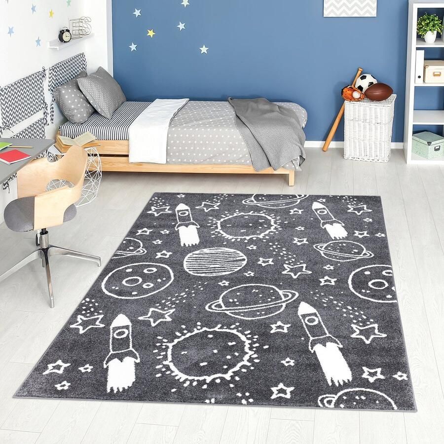 Koho Carpets Kindertapijt Koho Raketten & Planeten Antraciet Vloerkleed 80x150cm- Kinderkamer Babykamer Baby Kids Jongens en Meisjes Kinderen