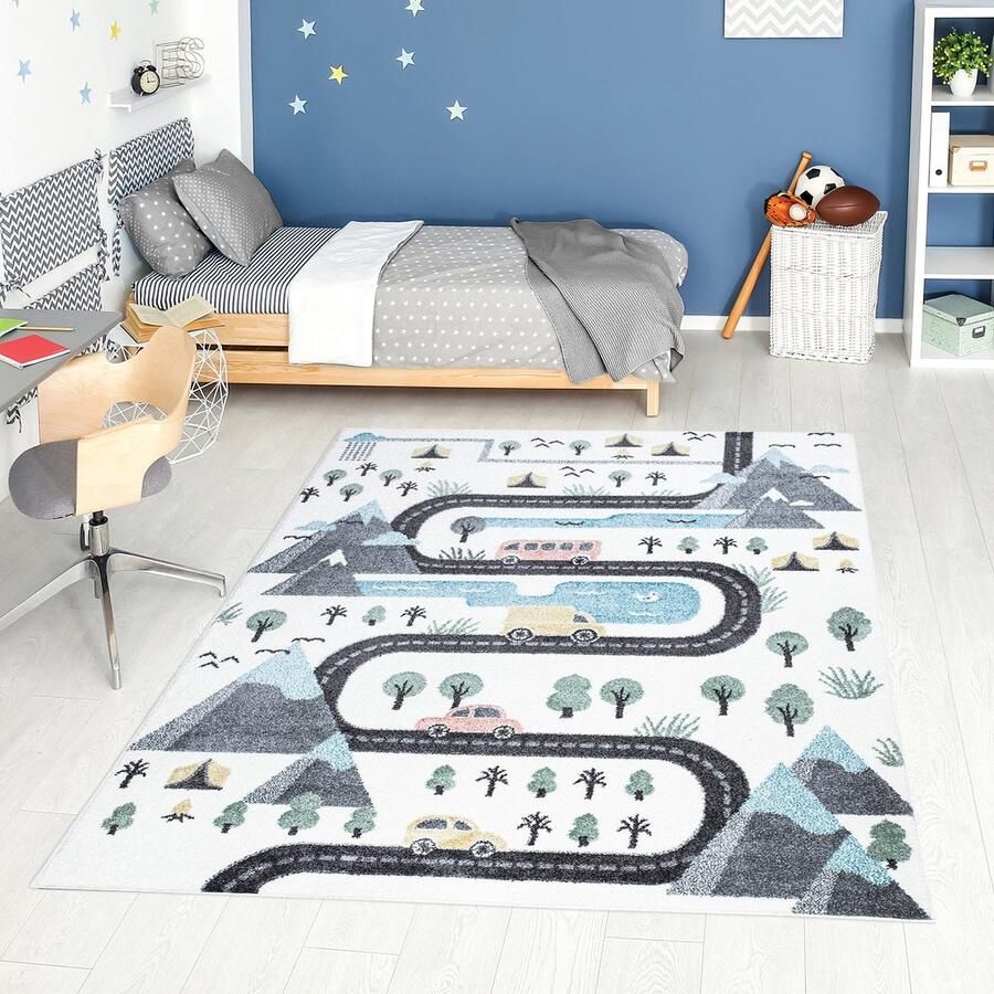 Koho Carpets Kindertapijt Koho Straten & Spelen met Auto Crème Vloerkleed 80x150cm- Kinderkamer Babykamer Baby Kids Jongens en Meisjes Kinderen