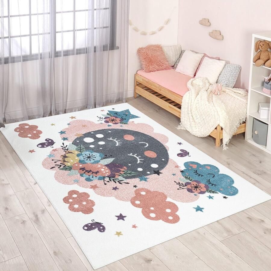 Koho Carpets Kindertapijt Maantje in de Wolken met Bloemetjes Crème Vloerkleed 80x150cm- Kinderkamer Babykamer Baby Kids Jongens en Meisjes Kinderen