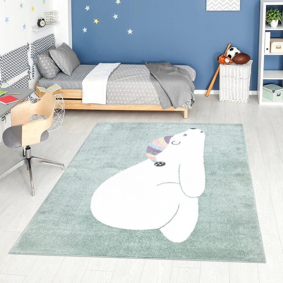 Koho Carpets Kindertapijt Slapend Ijsbeertje Groen Vloerkleed 140x200cm- Kinderkamer Babykamer Baby Kids Jongens en Meisjes Kinderen