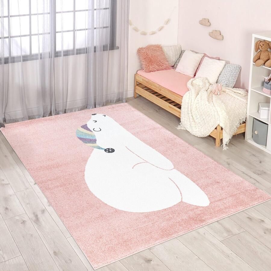 Koho Carpets Kindertapijt Slapend Ijsbeertje Roze Vloerkleed 140x200cm- Kinderkamer Babykamer Baby Kids Jongens en Meisjes Kinderen