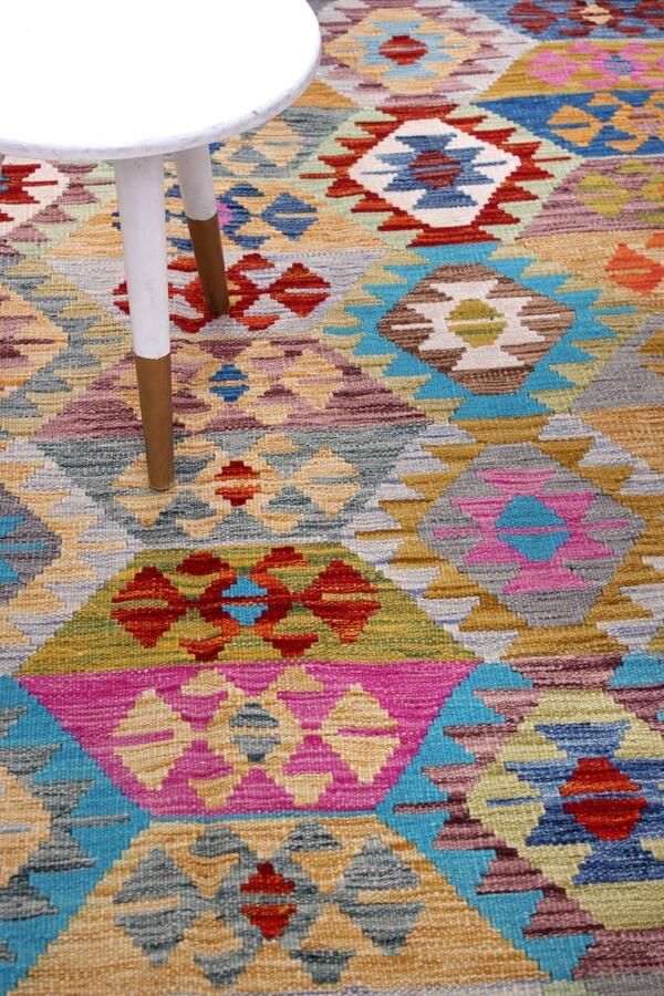 Koho Carpets Kleurrijk Tapijt Laagpolig Handgeweven Wollen Vloerkleed Koho Afghan Kelim 245x182 245x182cm- Modern Woonkamer Salon Slaapkamer Eetkamer