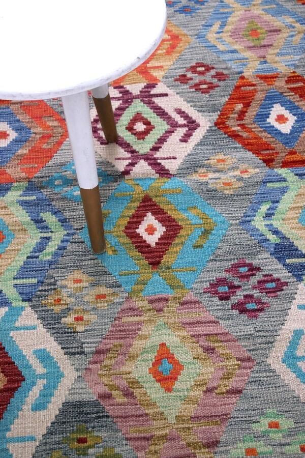 Koho Carpets Kleurrijk Tapijt Laagpolig Handgeweven Wollen Vloerkleed Koho Afghan Kelim 133x91 133x91cm- Modern Woonkamer Salon Slaapkamer Eetkamer