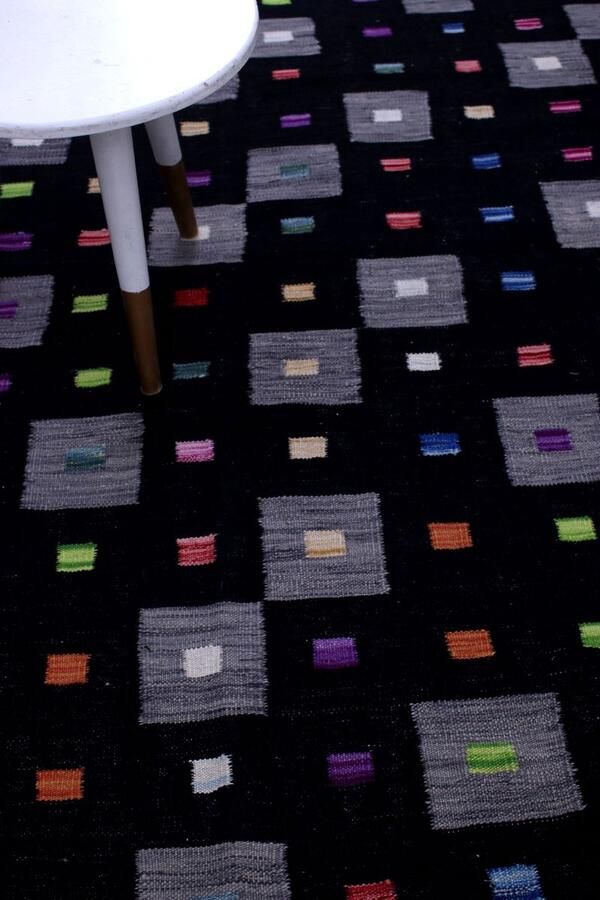 Koho Carpets Zwart Tapijt Laagpolig Handgeweven Wollen Vloerkleed Koho Afghan Modern Kelim 193x156 193x156cm- Modern Woonkamer Salon Slaapkamer Eetkamer