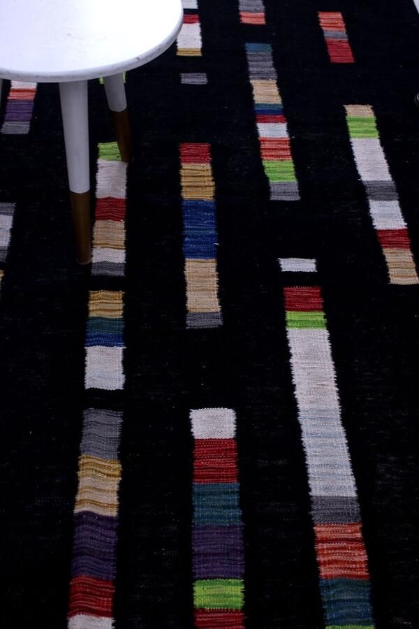 Koho Carpets Zwart Tapijt Laagpolig Handgeweven Wollen Vloerkleed Koho Afghan Modern Kelim 197x150 197x150cm- Modern Woonkamer Salon Slaapkamer Eetkamer