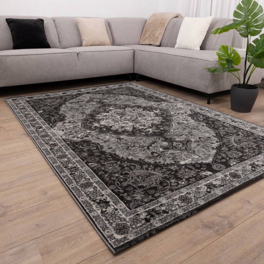 Koho Carpets Zwart met Grijs Tapijt Vintage Design Laagpolig Vloerkleed Koho Impressive 160x230cm- Modern Woonkamer Salon Slaapkamer Eetkamer