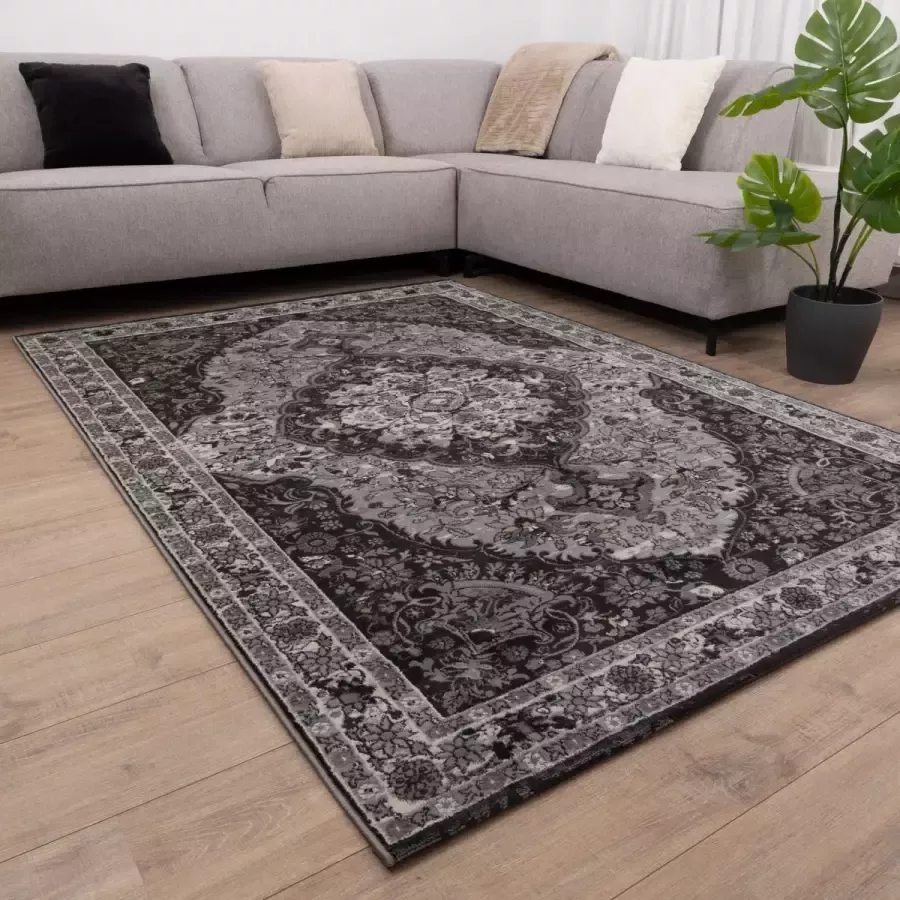 Koho Carpets Zwart met Grijs Tapijt Vintage Design Laagpolig Vloerkleed Koho Impressive 200x290cm- Modern Woonkamer Salon Slaapkamer Eetkamer