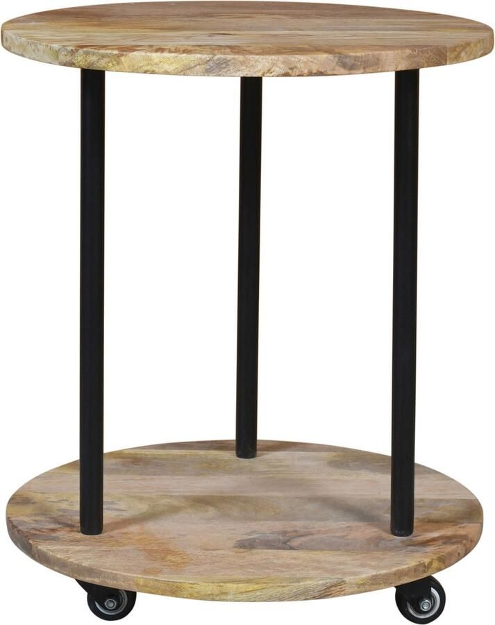 Koloniaal teakhuis Bijzettafel-Mangohout-met wielen-Industrieel-Rond- -Goedkoop