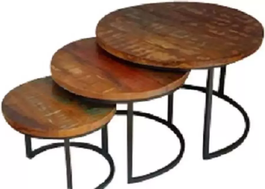 Koloniaal teakhuis Salontafel Set 3 delig Teakhout gekleurd Metalen Frame-top 3cm dik