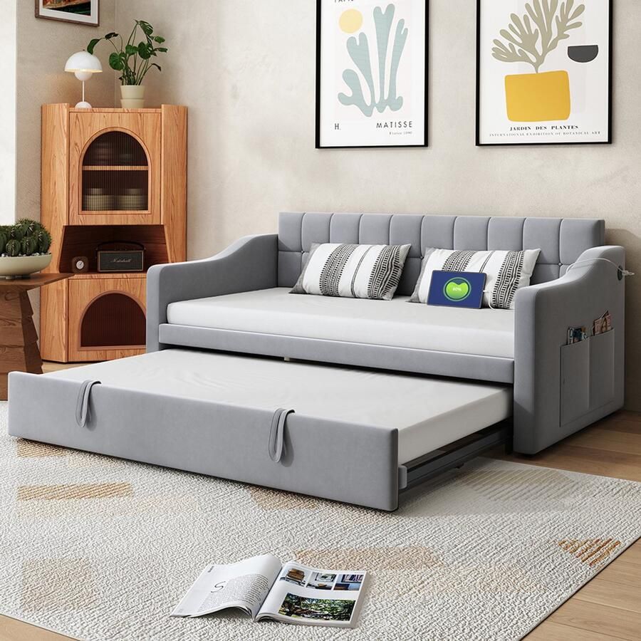 KOMHTOM 2-in-1 gestoffeerde slaapbank Multifunctionele slaapbank 90 180 lichtgrijs fluweel Slaapbank met stopcontact en opbergtas
