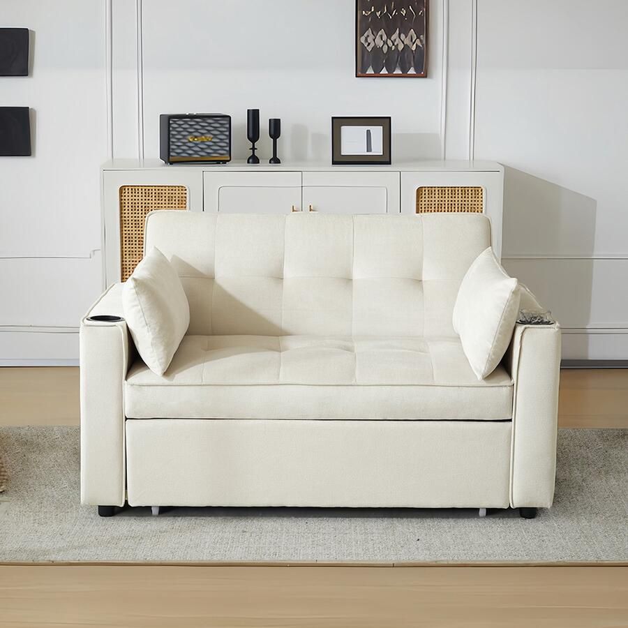 KOMHTOM 2-zitsbank Hocker slaapbank met bekerhouder en kussens Slaapfunctie Multifunctionele bank Beige