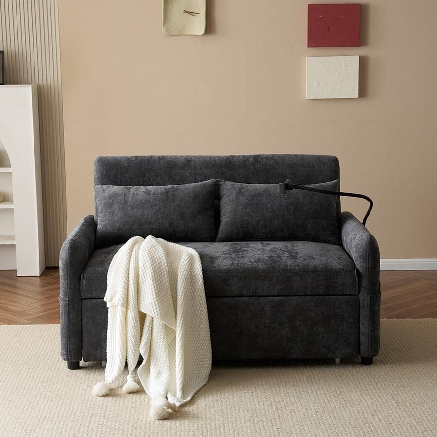 KOMHTOM 2-zitsbank Hocker slaapbank Modern Verstelbare rugleuning Houder voor mobiele telefoon USB-laadpoort Grijs