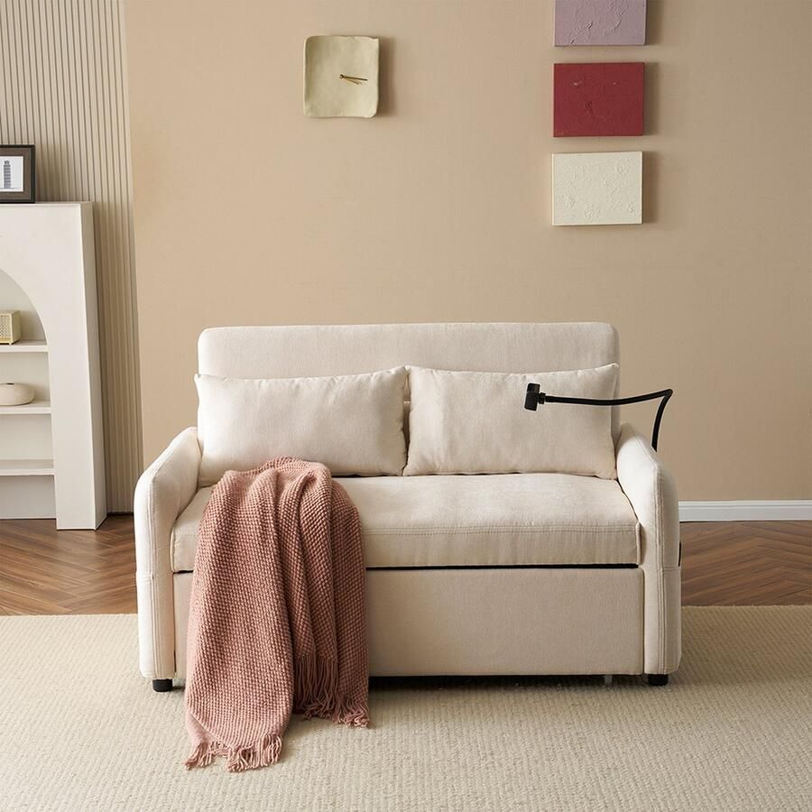 KOMHTOM 2-zitsbank Hocker slaapbank Modern Verstelbare rugleuning Houder voor mobiele telefoon USB-laadpoort Beige