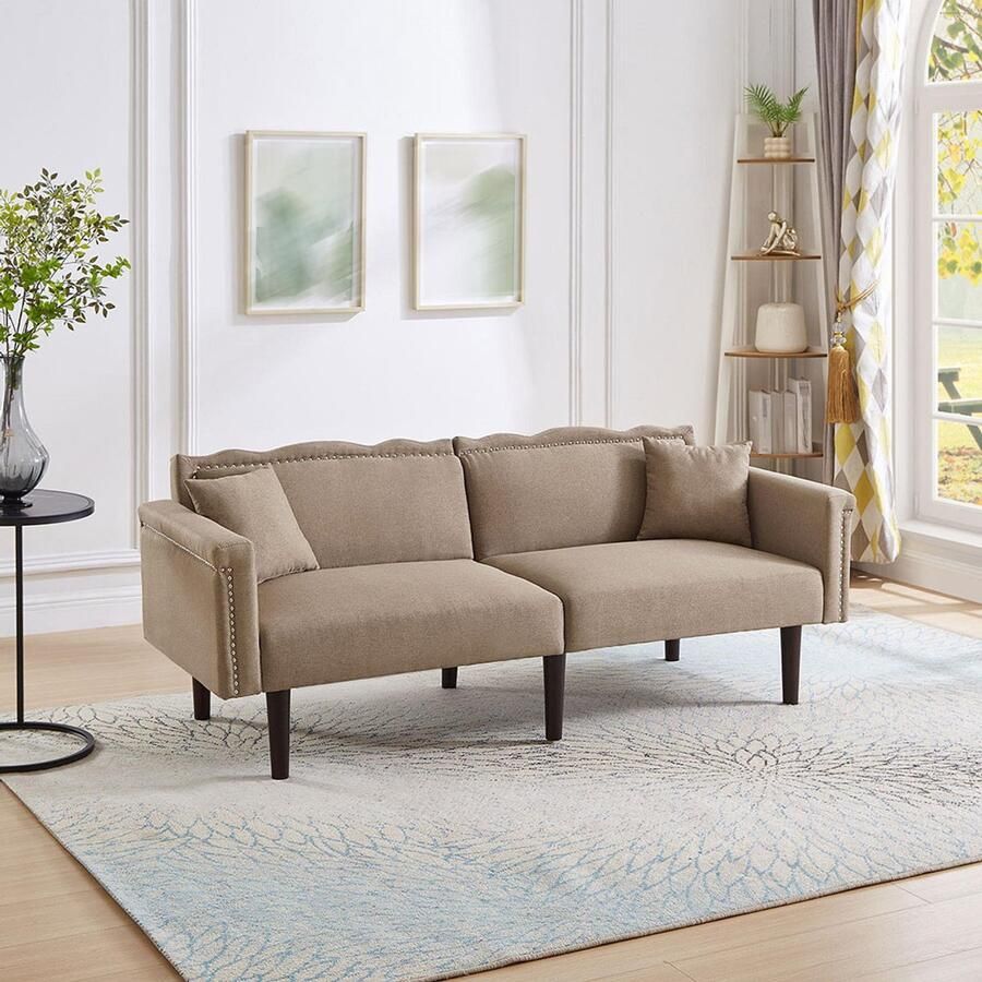 KOMHTOM 2-zitsbanken Tweezitsbank bank met chaise longue onafhankelijk verstelbare rugleuningen metalen versieringen katoen en linnen bekleding schuim met hoge dichtheid Antiek bruin