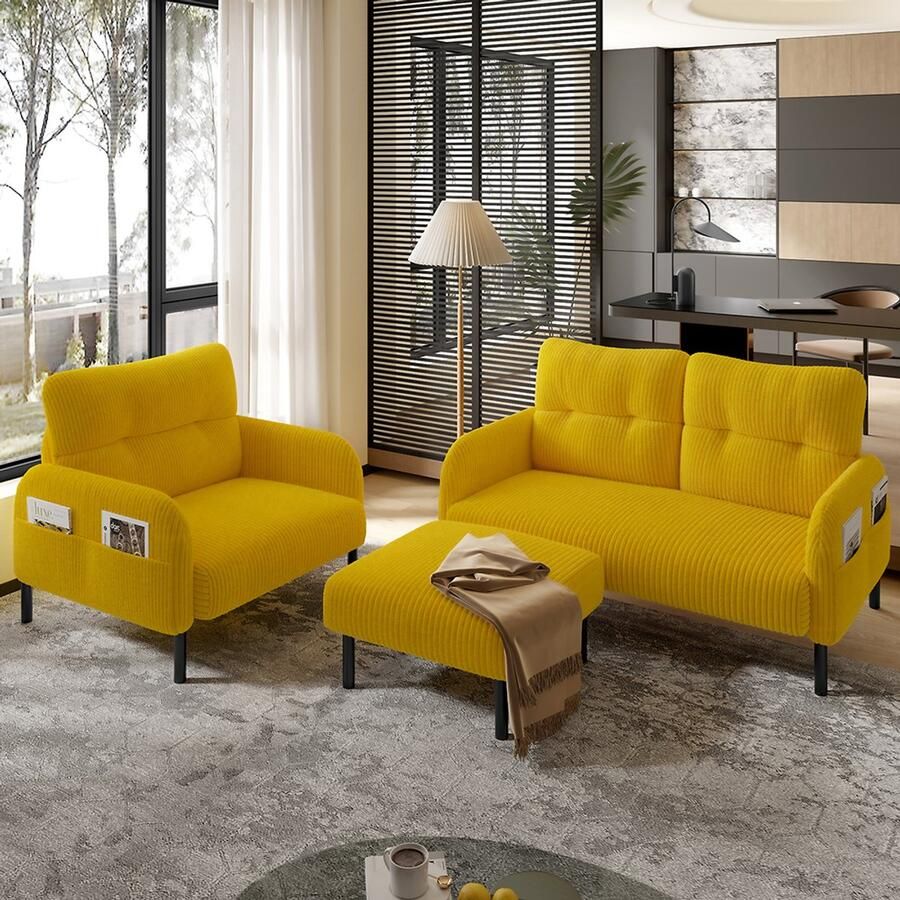 Pugsdrly 3-delige set Cord: fauteuil + poef + 2-zitsbank met zijvak stalen buisframe en extra zachte rugleuning Diepe zitting voor maximaal comfort Modulair combineerbaar voor de woonkamer mosterdgeel