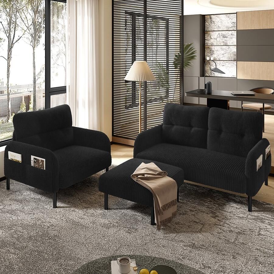 Pugsdrly 3-delige set Cord: fauteuil + poef + 2-zitsbank met zijvakken Frame van stalen buis en extra zachte rugleuning Diepe zitting voor maximaal comfort Modulair en combineerbaar voor de woonkamer zwart