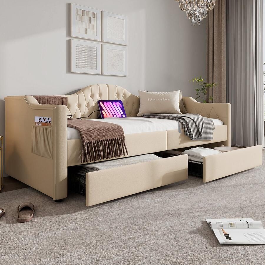 KOMHTOM Bank Bedbank Bed 90x200 cm Eenpersoonsbed met oplaadfunctie USB Type C en 2 laden beige