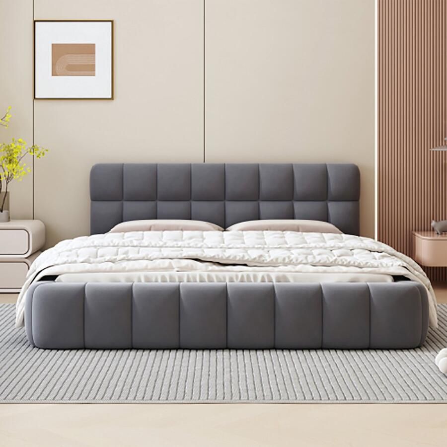 KOMHTOM Bed 140 x 190 cm tweepersoonsbed met zachte rugleuning vlak bed met gestoffeerd frame lattenbodem linnengrijs