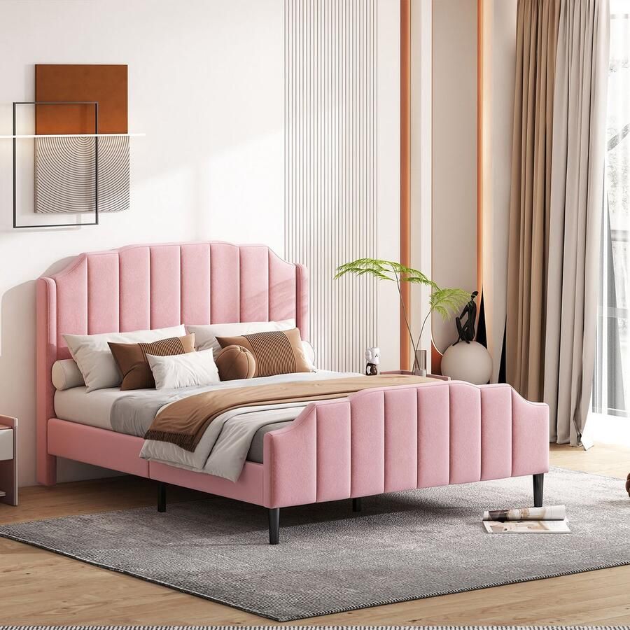 KOMHTOM Bed 140x200 cm met hoofdbord Tweepersoonsbed Fluweel Roze