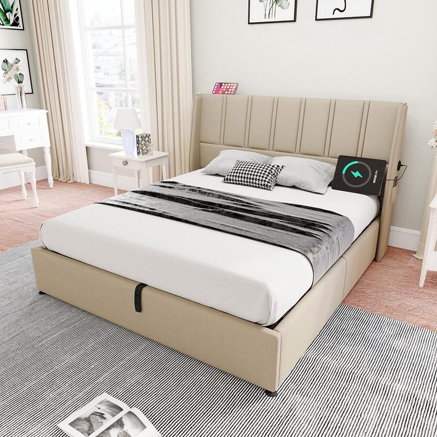 KOMHTOM Bed 180x200 cm Volwassen bed Tweepersoonsbed voor volwassenen USB Typ-C Dubbel Linnen Beige