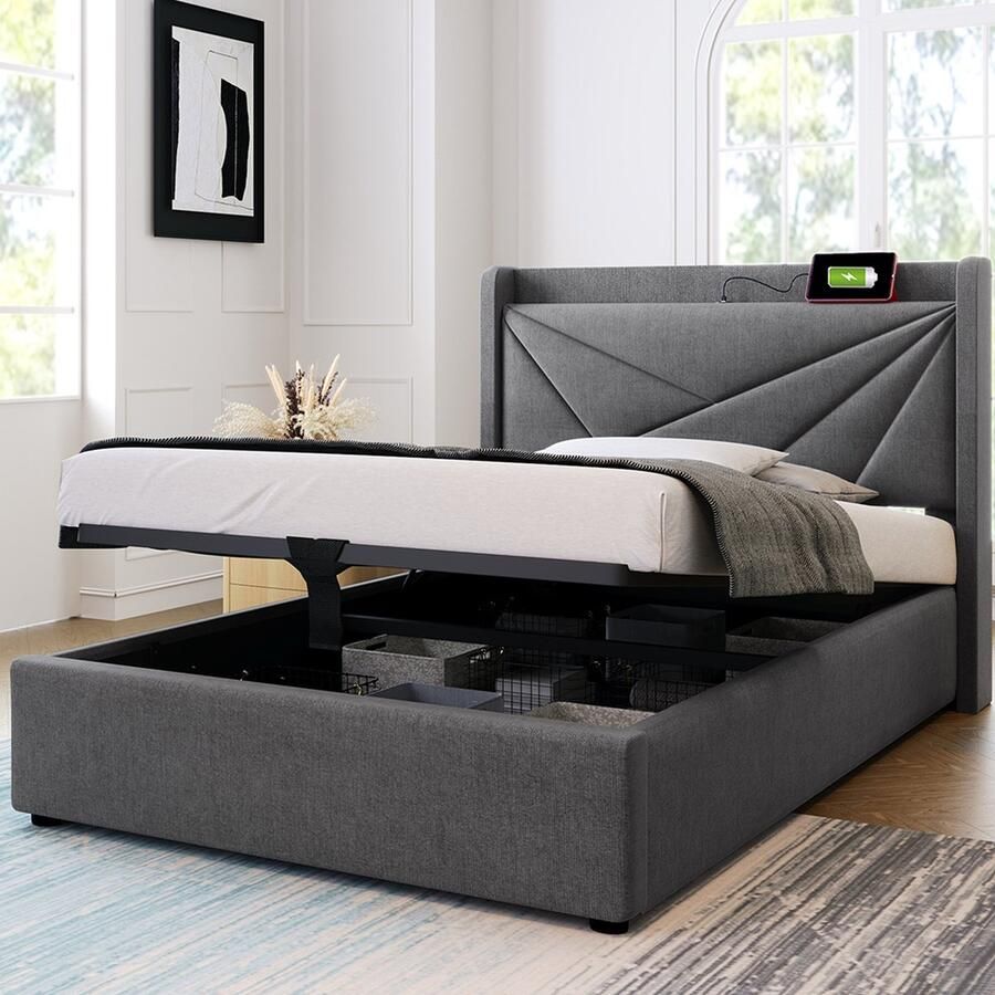 KOMHTOM Bed 90x200 cm Eenpersoonsbed Commode bed Gestoffeerd met USB-oplaadfunctie Linnen bedframe Grijs