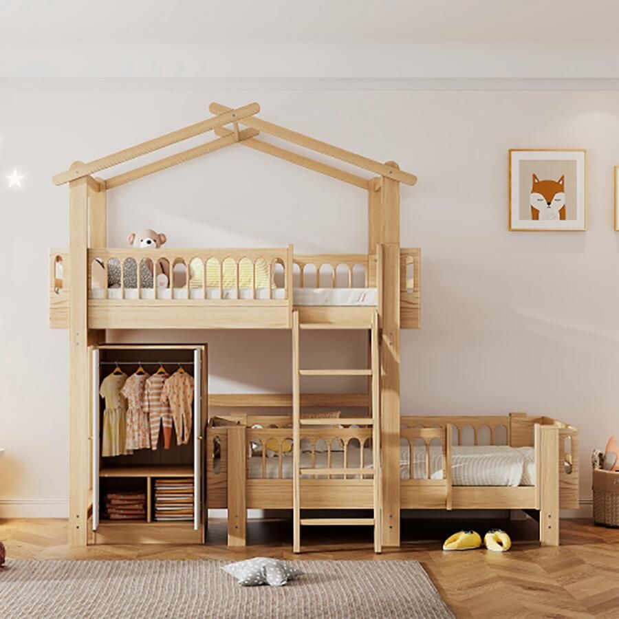 KOMHTOM Bed 90x200 cm Stapelbed met kleerkast kinderhutbed met schuine ladder met vier niveaus