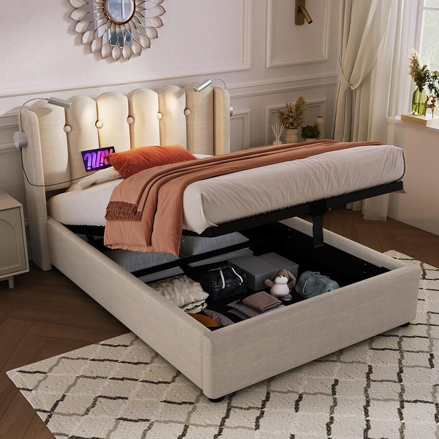 KOMHTOM Bed Eenpersoonsbed 90x200 cm Gestoffeerd Hoofdbord Opbergruimte Tienerbed met lattenbodem Naturel