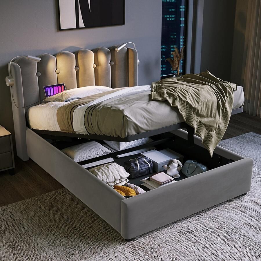 KOMHTOM Bed Eenpersoonsbed 90x200 cm Gestoffeerd Hoofdbord Opbergruimte Velours bedframe Tienerbed met lattenbodem Grijs met matras