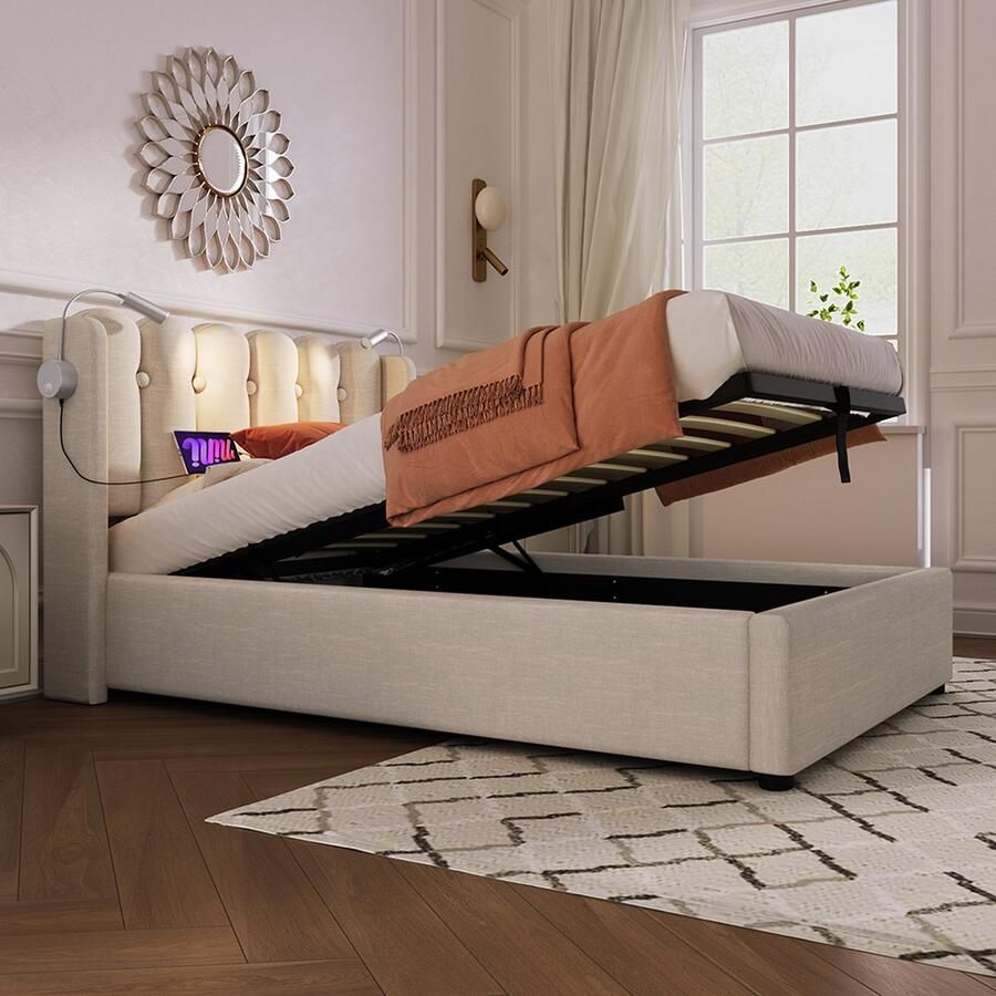 KOMHTOM Bed Eenpersoonsbed 90x200 cm Gestoffeerd Hoofdbord Opbergruimte Velours bedframe Tienerbed met lattenbodem Naturel met matras