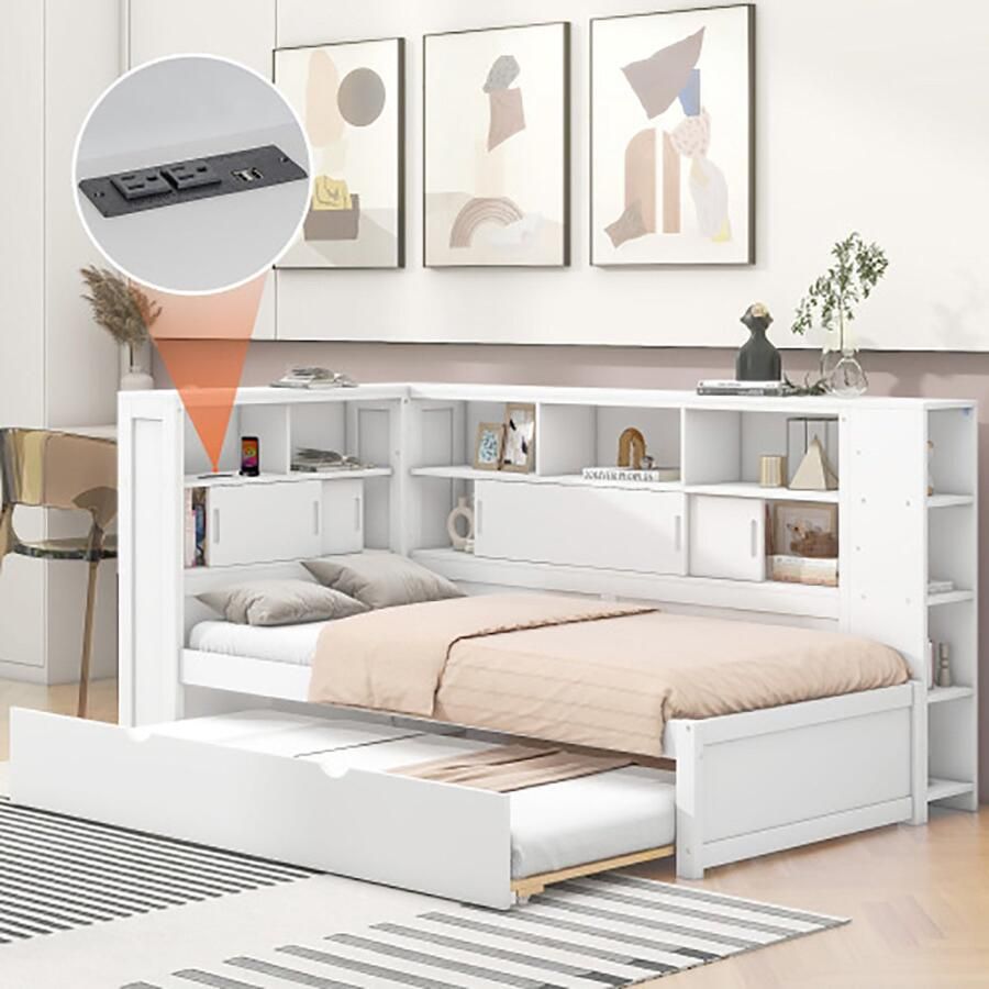 KOMHTOM Bed Eenpersoonsbed 90x200 cm met onderschuifbed en wit opbergvak