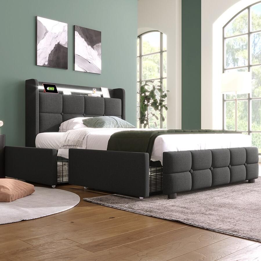 KOMHTOM Bed Eenpersoonsbed 90x200 cm met USB-oplaadfunctie Hoofdbord en LED-verlichting en 2 laden Grijs