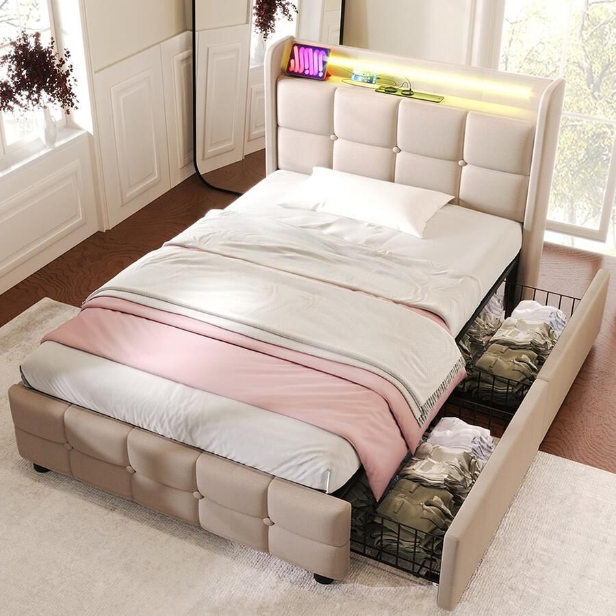 KOMHTOM Bed Eenpersoonsbed 90x200 cm met USB-oplaadfunctie Hoofdbord en LED-verlichting en 2 laden Beige Met matras