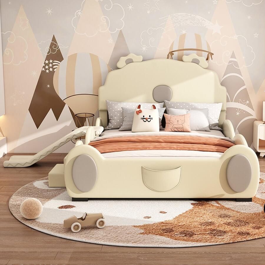KOMHTOM Bed Kinderbed 140x200 cm berenbed uitgerust Tweepersoonsbed met glijbaan en ladder beige