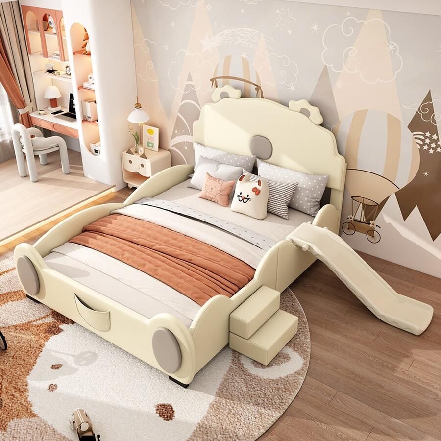 KOMHTOM Bed Kinderbed 140x200 cm berenbed uitgerust Tweepersoonsbed met glijbaan en ladder PU beige