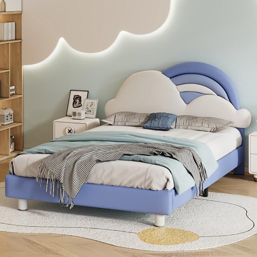KOMHTOM Bed Kinderbed 140x200 cm Gestoffeerd bed met zacht hoofdeinde in de vorm van een regenboogwolk PU Blauw