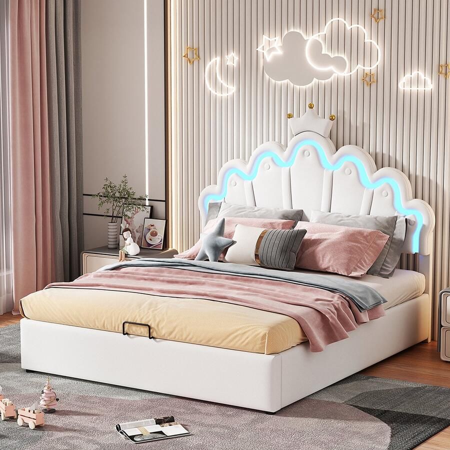 KOMHTOM Bed Kinderbed 140x200 cm Tweepersoonsbed Bekleed PU leer LED verstelbaar Beige