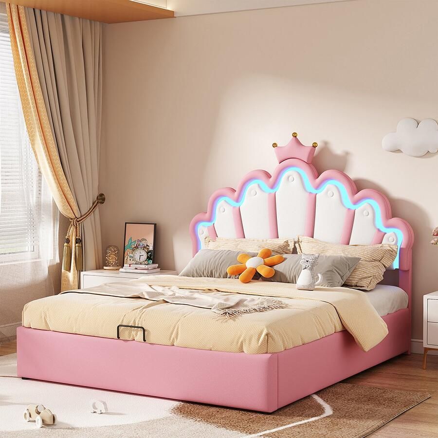 KOMHTOM Bed Kinderbed 140x200 cm Tweepersoonsbed Bekleed PU leer LED verstelbaar Roze