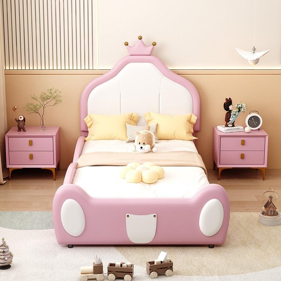 KOMHTOM Bed Kinderbed 90x200 cm Eenpersoonsbed met kroonlijst tweekleurig patchworkdesign kunstlederen stof roze