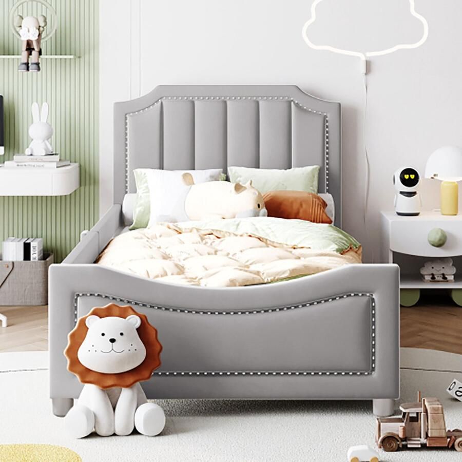 KOMHTOM Bed kinderbed 90x200 cm Gestoffeerd slaapbank met rugleuning bijzetbed Grijs