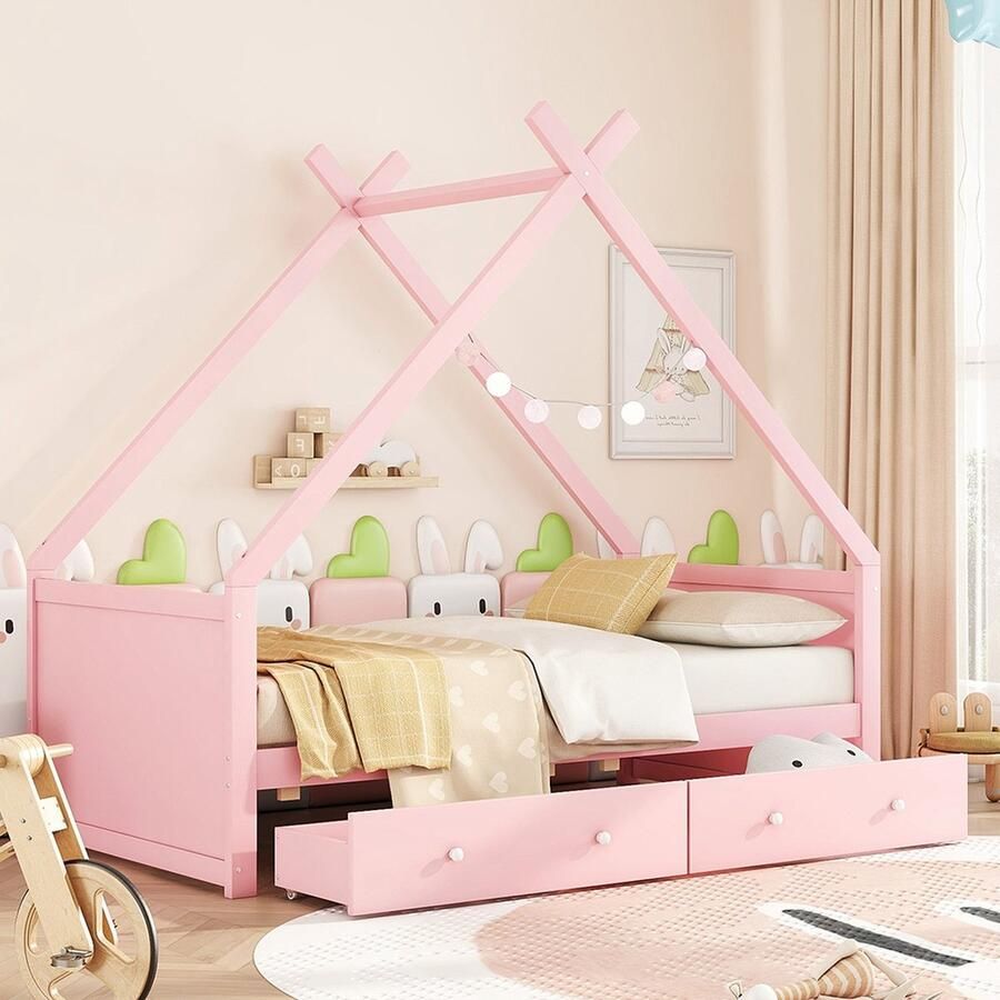 KOMHTOM Bed Kinderbed 90x200 cm Hutbed twee opbergvakken minimalistisch ontwerp roze