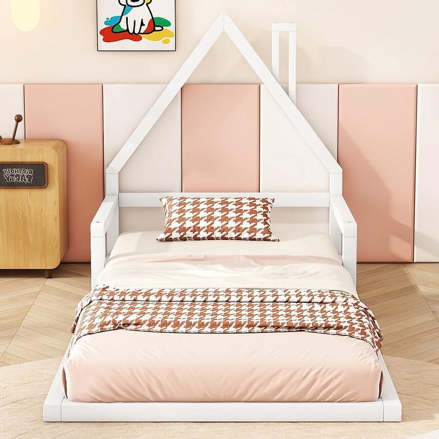 KOMHTOM Bed Kinderbed 90x200 cm kajuitbed Eenpersoonsbed huisvorm massief grenen wit