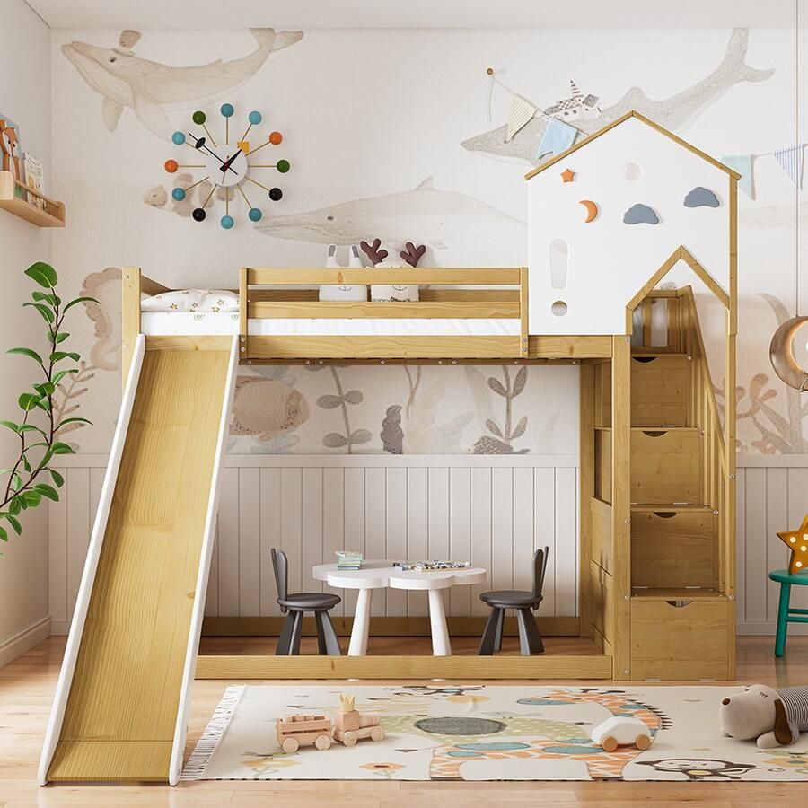KOMHTOM Bed Kinderbed 90x200 cm met hoekladder en glijbaan Uniek dakdesign Wit+Natuurlijk