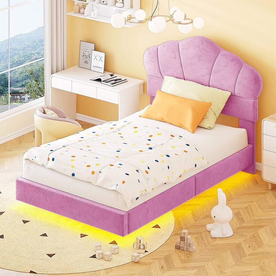 KOMHTOM Bed Kinderbed 90x200 cm met LED-balk rond de rand wolkvormig hoofdeinde verborgen voeteneind roze
