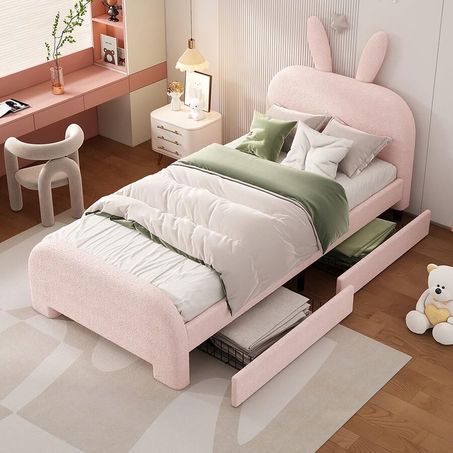 KOMHTOM Bed Kinderbed 90x200 cm schapenwol bestendig cartoon vorm konijn twee lades roze