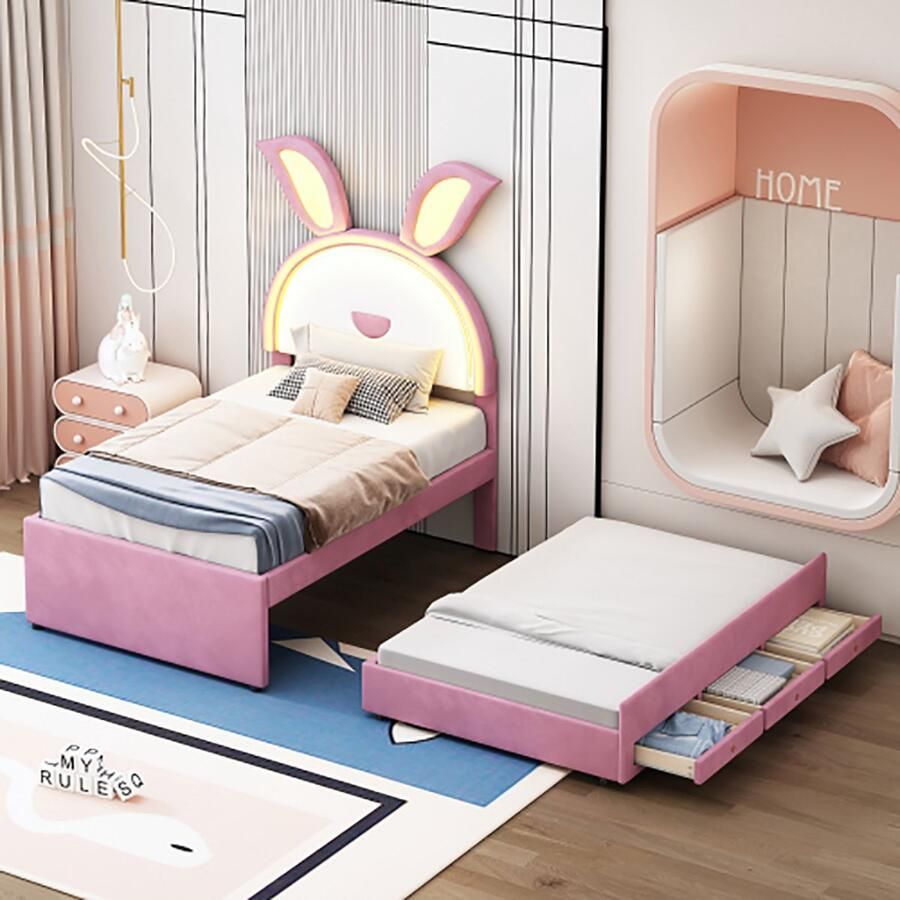 KOMHTOM Bed Kinderbed 90x200 cm slaapbank met onderschuifbe opberglade en LED verlichting roze