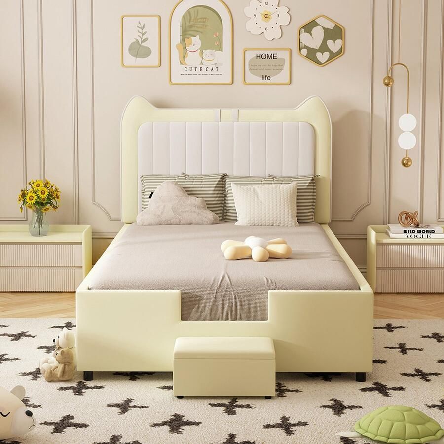 KOMHTOM Bed Kinderbed 90x200 cm tweekleurig patchwork met leuke oortjes met opbergbank imitatieleer stof beige