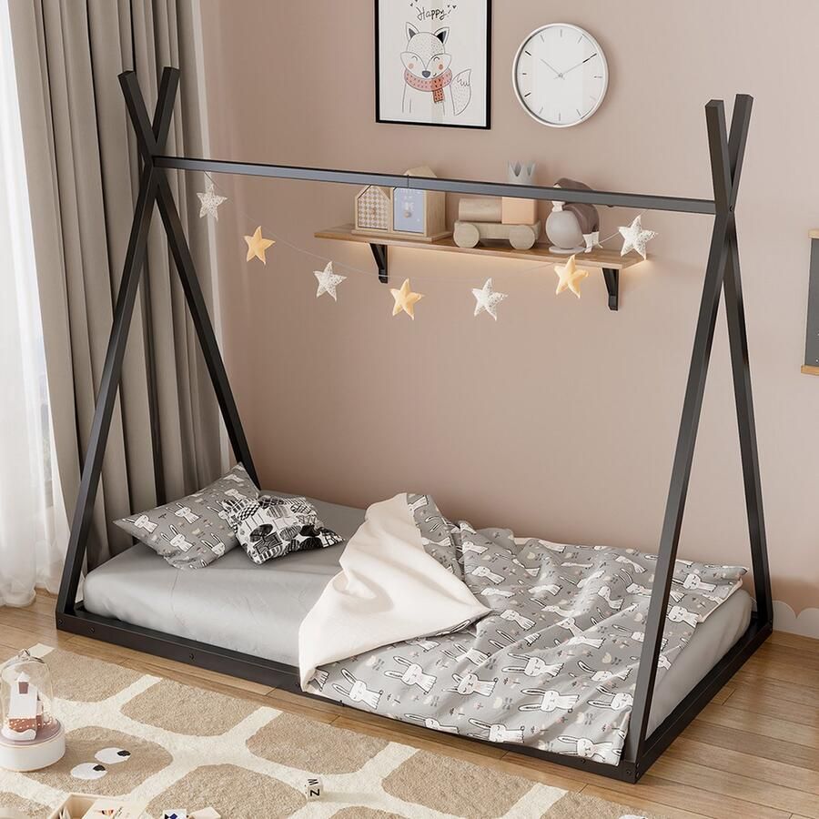 KOMHTOM Bed Kinderbed 90x200cm Kajuitbed ijzeren frame Driehoek Zwart