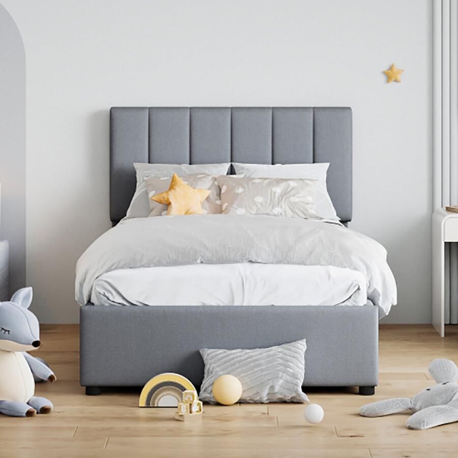KOMHTOM Bed Kinderbed Gestoffeerd 90x200 cm hydraulisch opbergbed huidvriendelijk linnen hoogslaper grijs